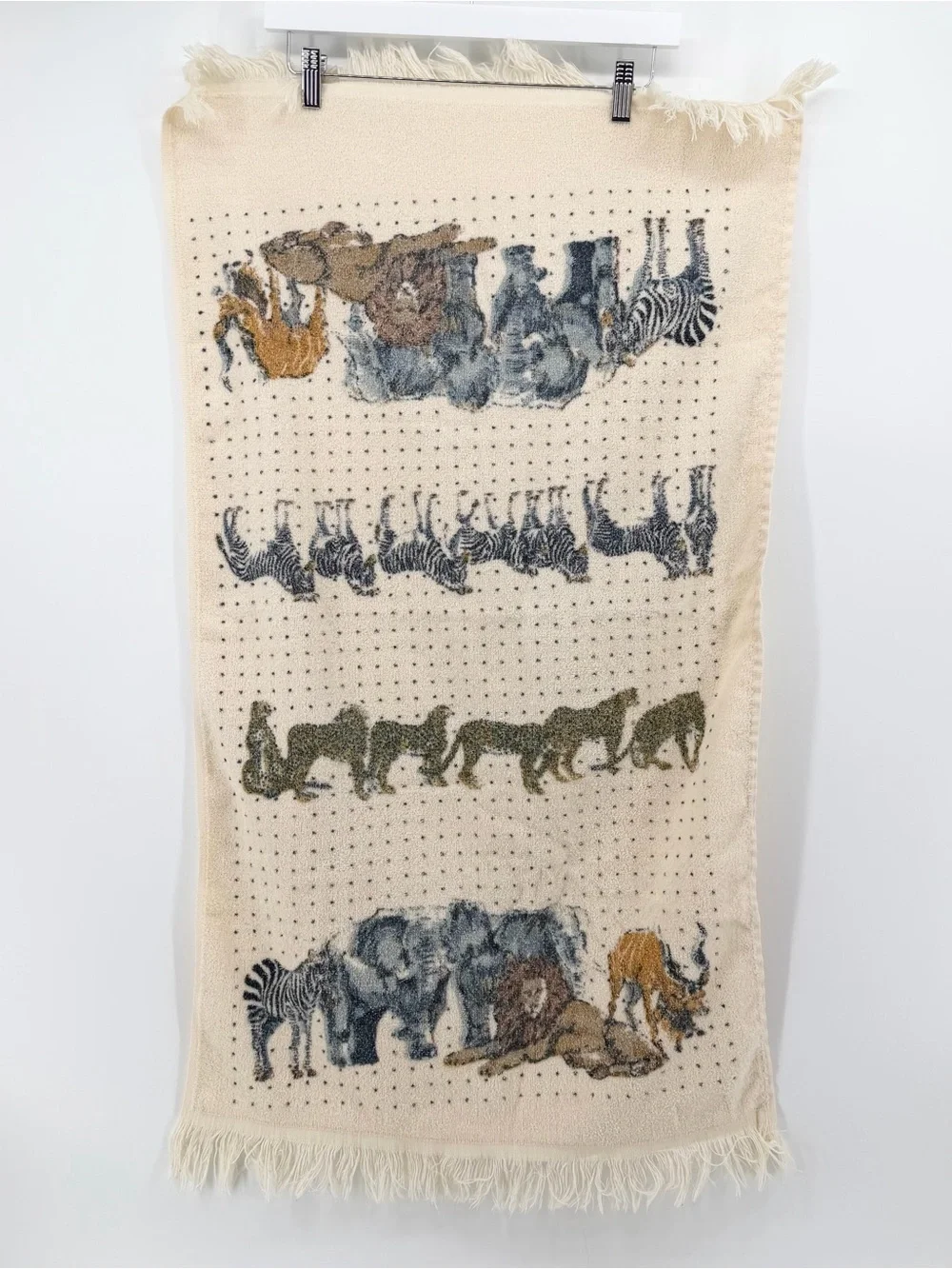Vtg 70s Lady Pepperell West Point Animal Walk Safari Fringe Towel Off White